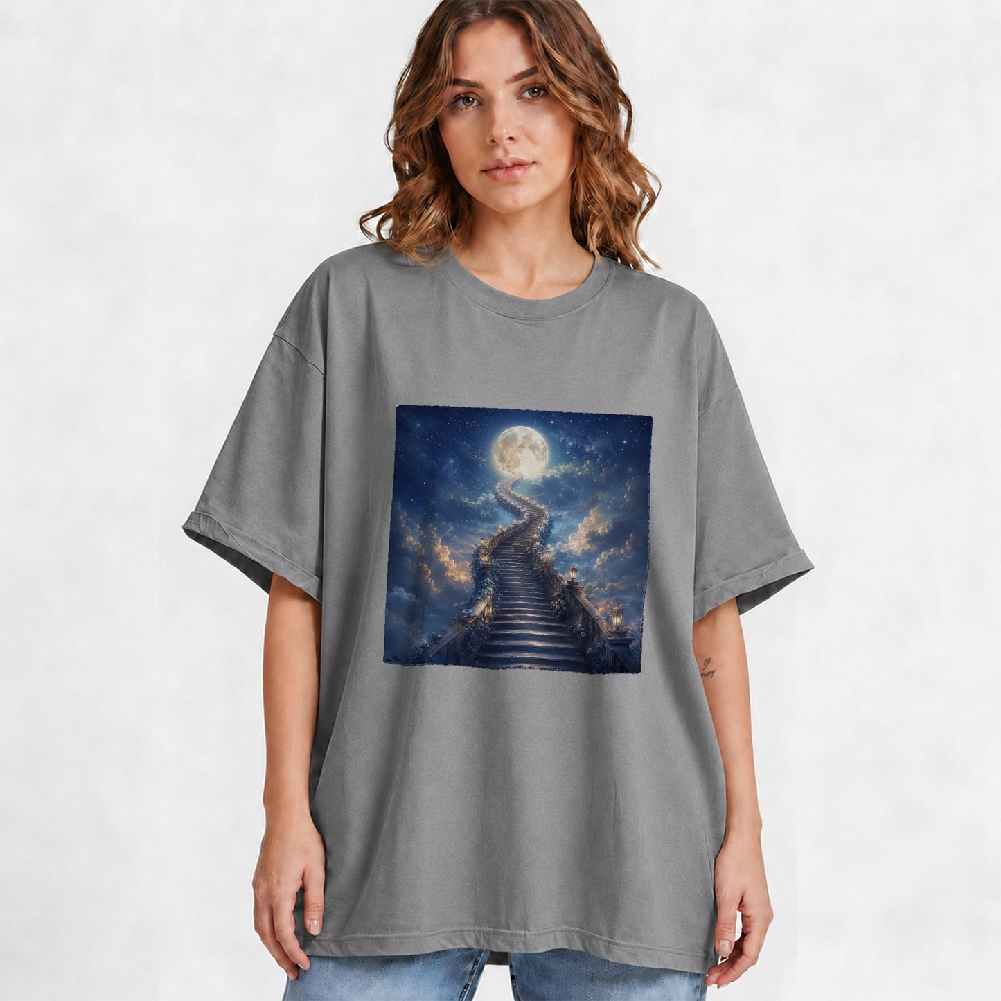#pl[Gray] Moon Stairway Graphic T-Shirt, Celestial Dreamscape Art