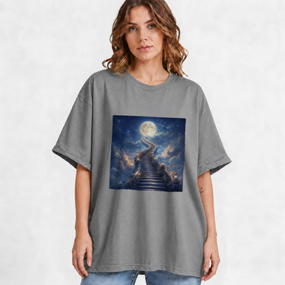 #pl[Gray] Moon Stairway Graphic T-Shirt, Celestial Dreamscape Art