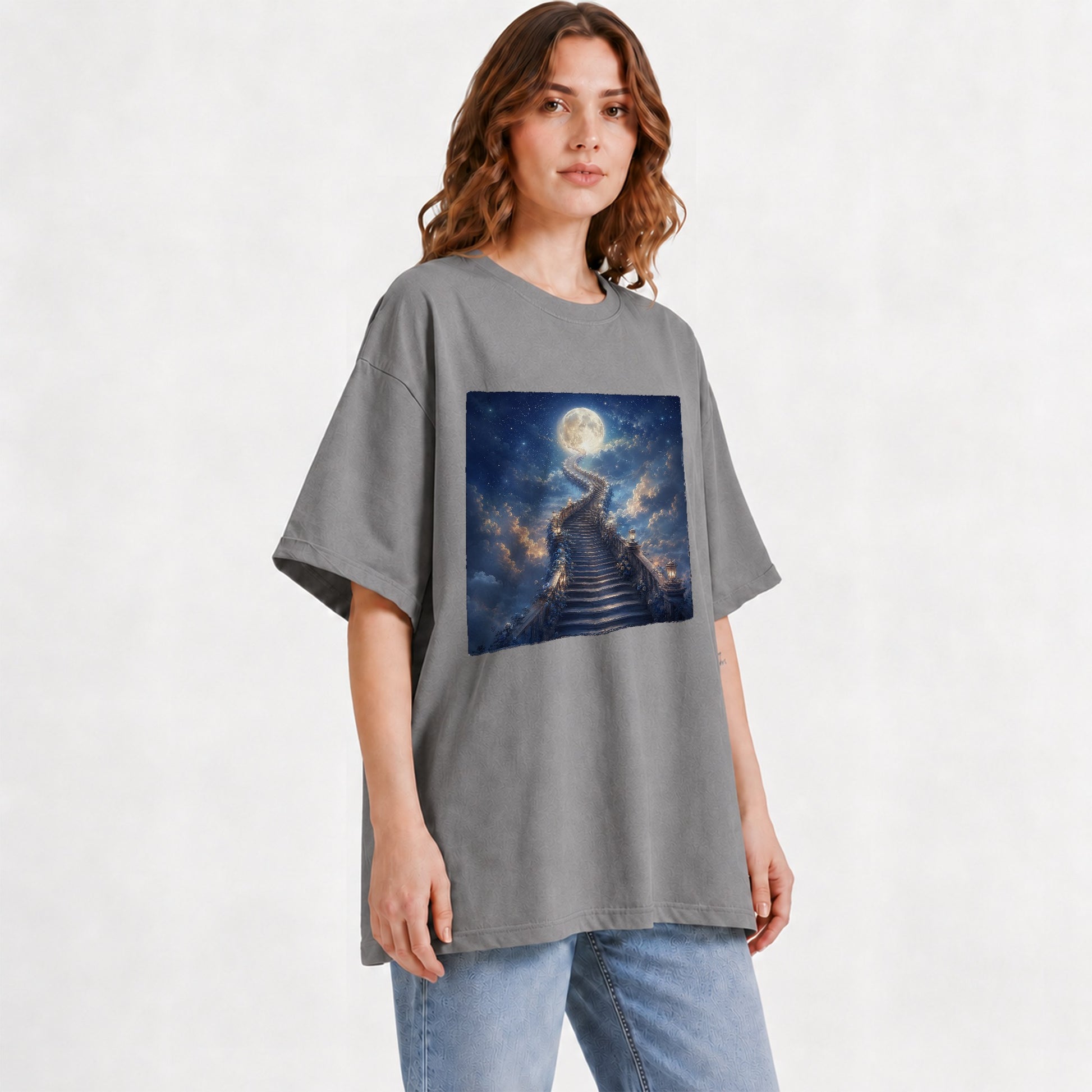 #pl[Gray] Moon Stairway Graphic T-Shirt, Celestial Dreamscape Art
