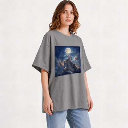 #pl[Gray] Moon Stairway Graphic T-Shirt, Celestial Dreamscape Art