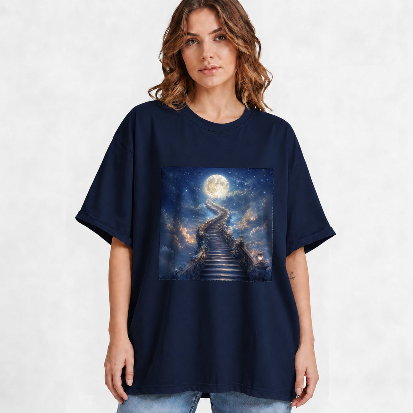 #pl[Navy] Moon Stairway Graphic T-Shirt, Celestial Dreamscape Art
