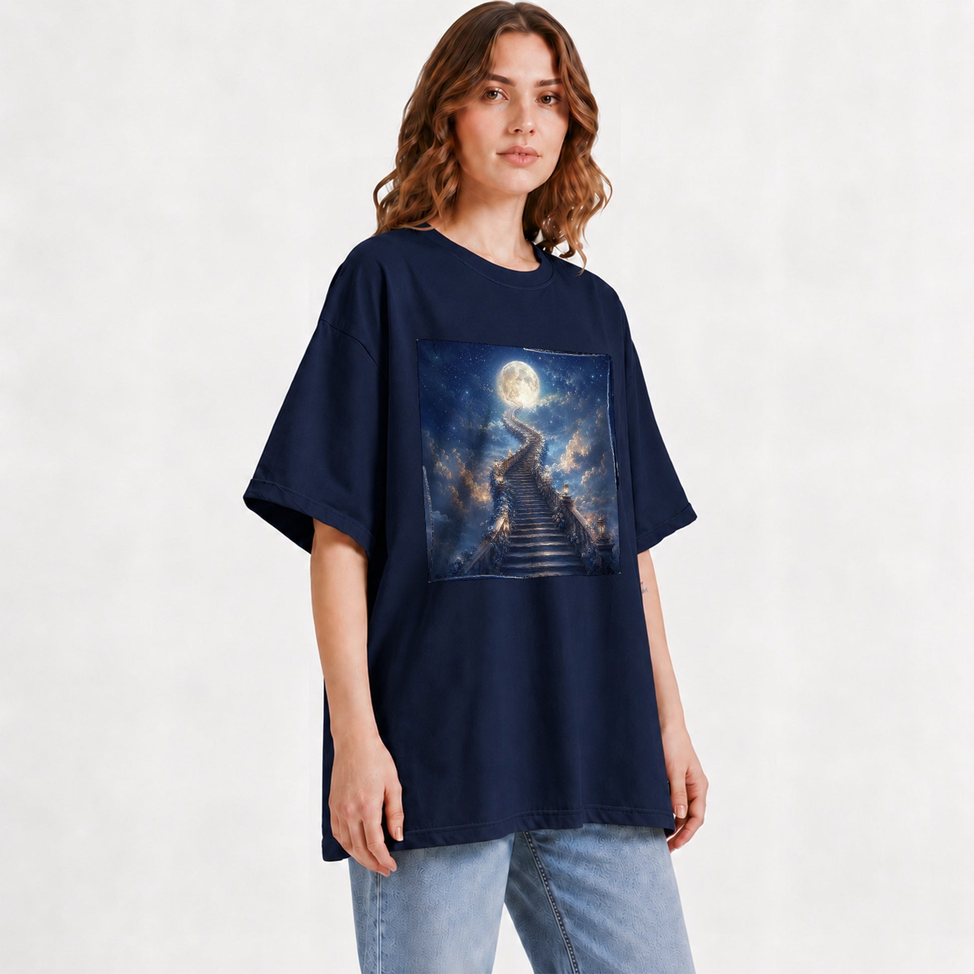#pl[Navy] Moon Stairway Graphic T-Shirt, Celestial Dreamscape Art