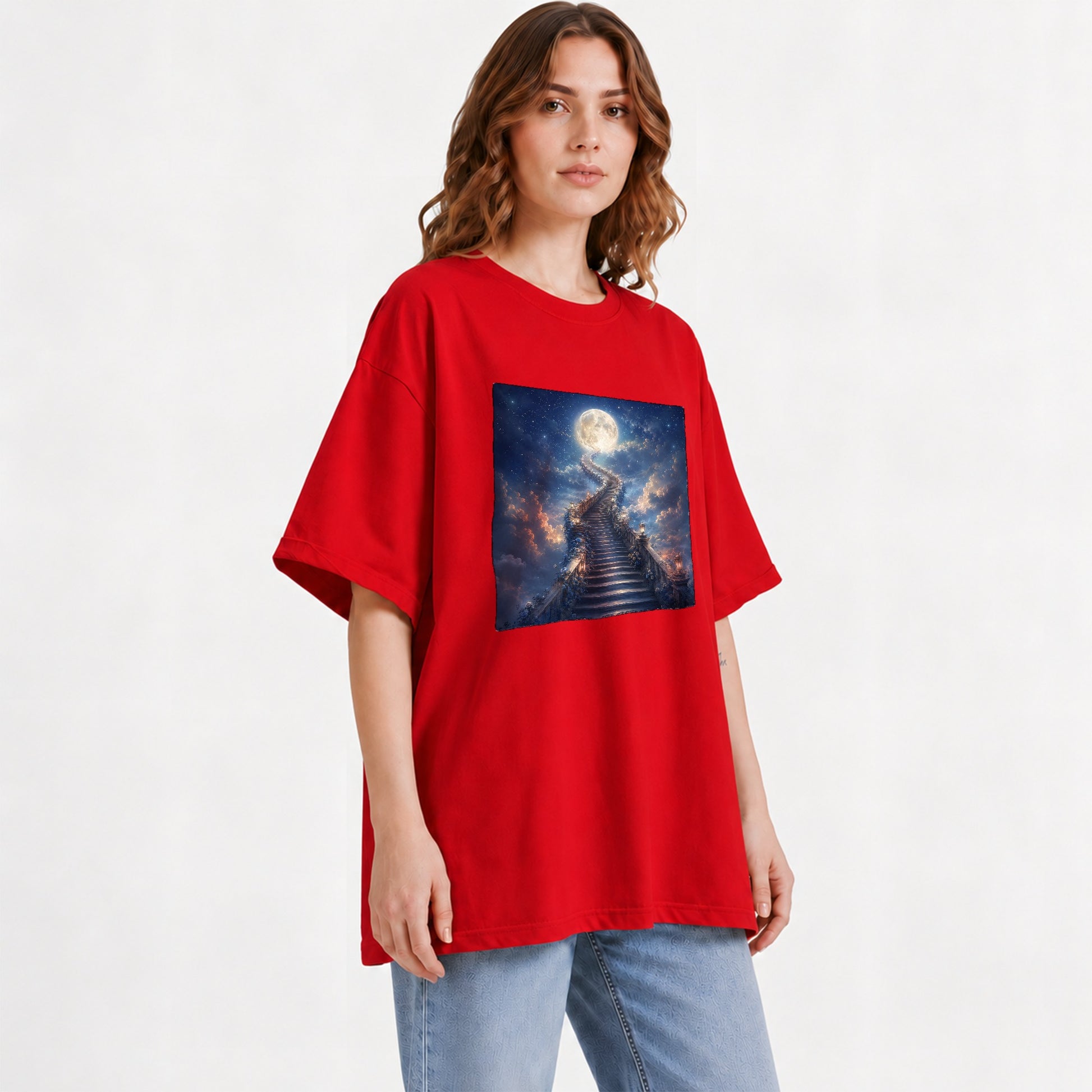 #pl[Red] Moon Stairway Graphic T-Shirt, Celestial Dreamscape Art