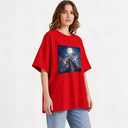 #pl[Red] Moon Stairway Graphic T-Shirt, Celestial Dreamscape Art