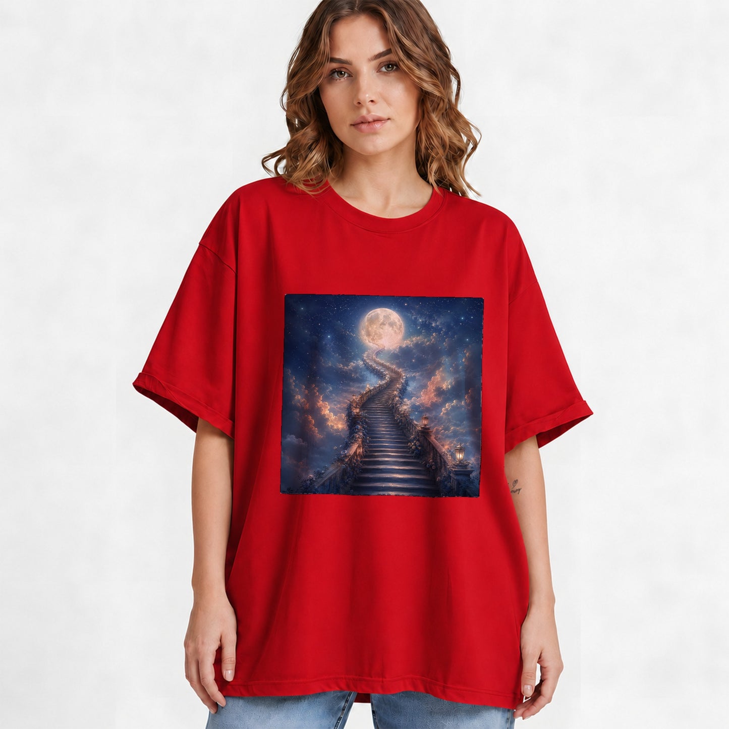 #pl[Red] Moon Stairway Graphic T-Shirt, Celestial Dreamscape Art