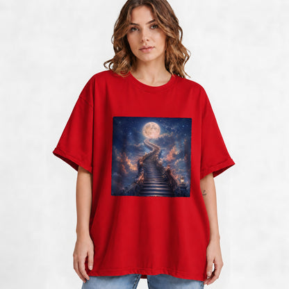 #pl[Red] Moon Stairway Graphic T-Shirt, Celestial Dreamscape Art