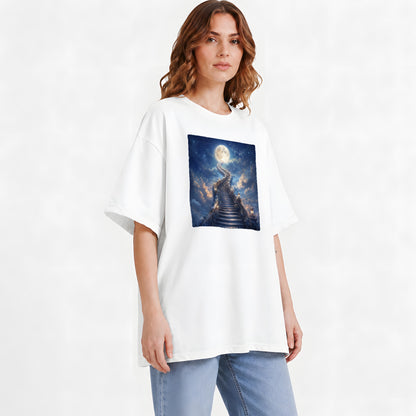 #pl[White] Moon Stairway Graphic T-Shirt, Celestial Dreamscape Art