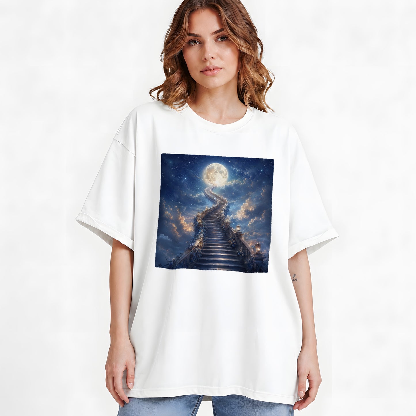 #pl[White] Moon Stairway Graphic T-Shirt, Celestial Dreamscape Art