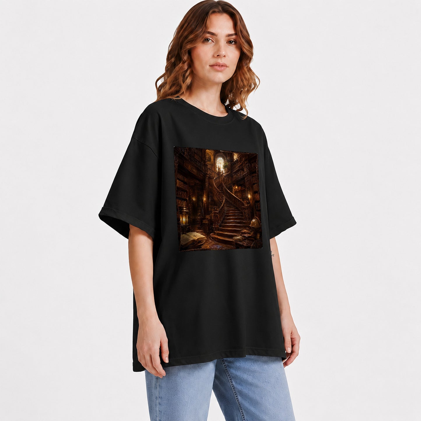 #pl[Black] Grand Library Staircase Graphic T-Shirt, Dark Academia Library Art