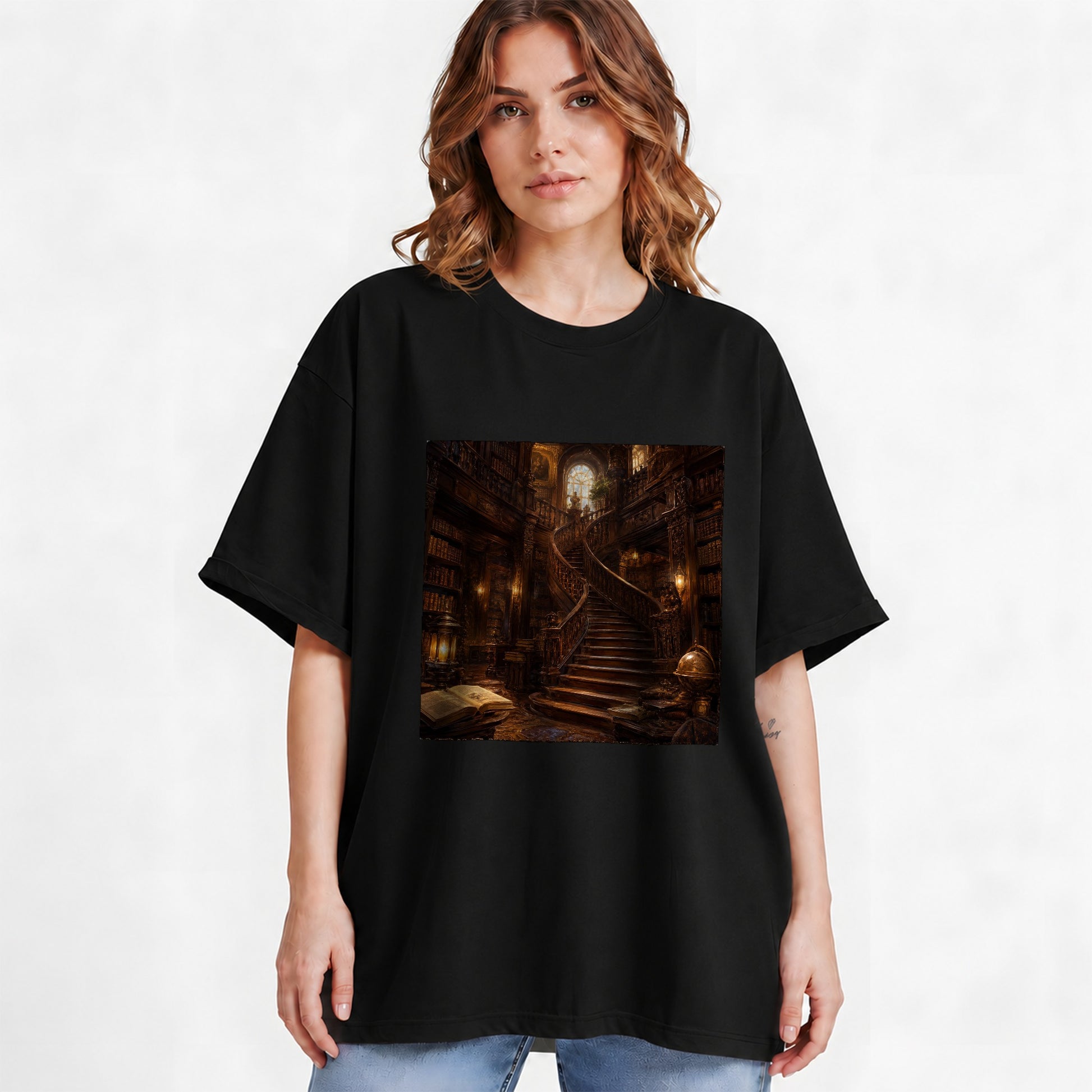 #pl[Black] Grand Library Staircase Graphic T-Shirt, Dark Academia Library Art