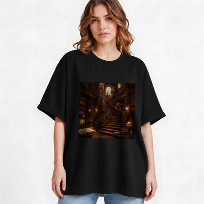 #pl[Black] Grand Library Staircase Graphic T-Shirt, Dark Academia Library Art