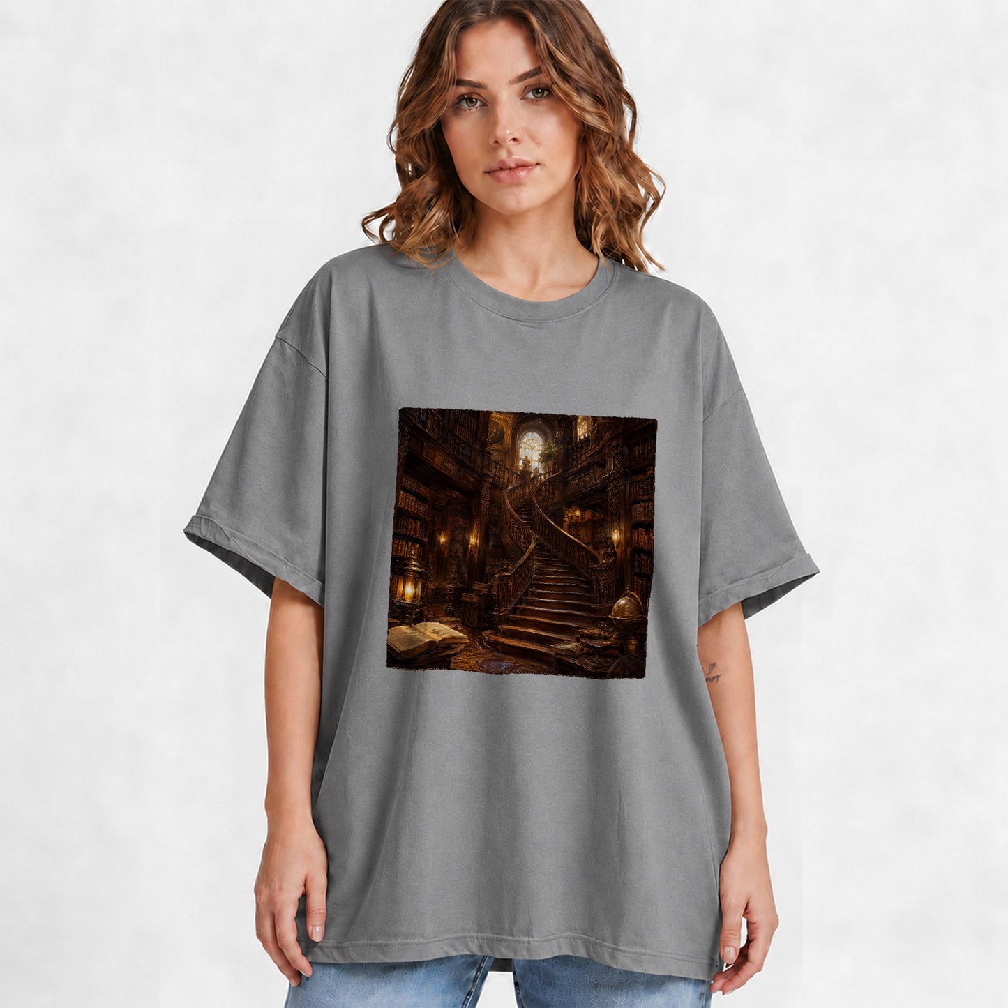 #pl[Gray] Grand Library Staircase Graphic T-Shirt, Dark Academia Library Art