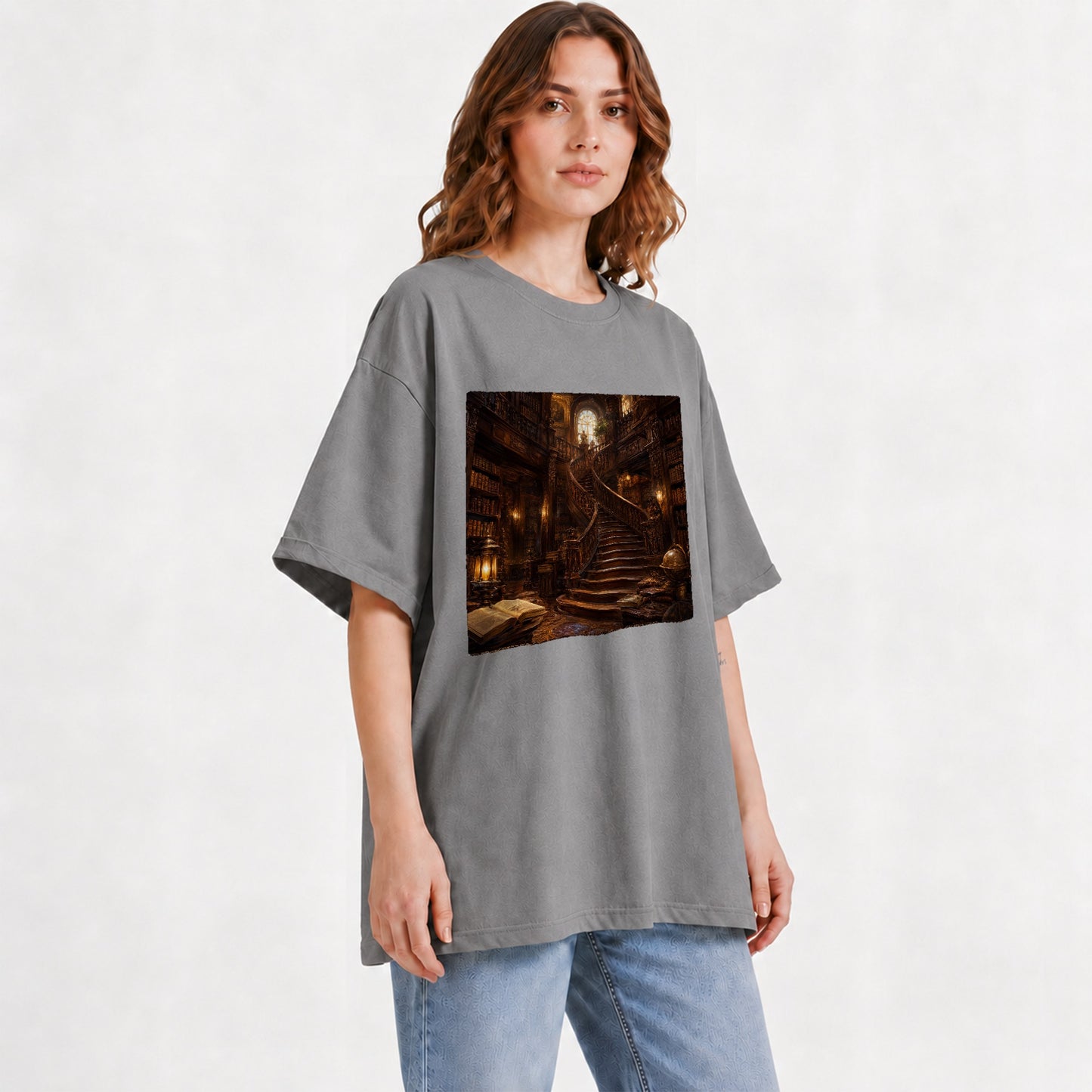 #pl[Gray] Grand Library Staircase Graphic T-Shirt, Dark Academia Library Art