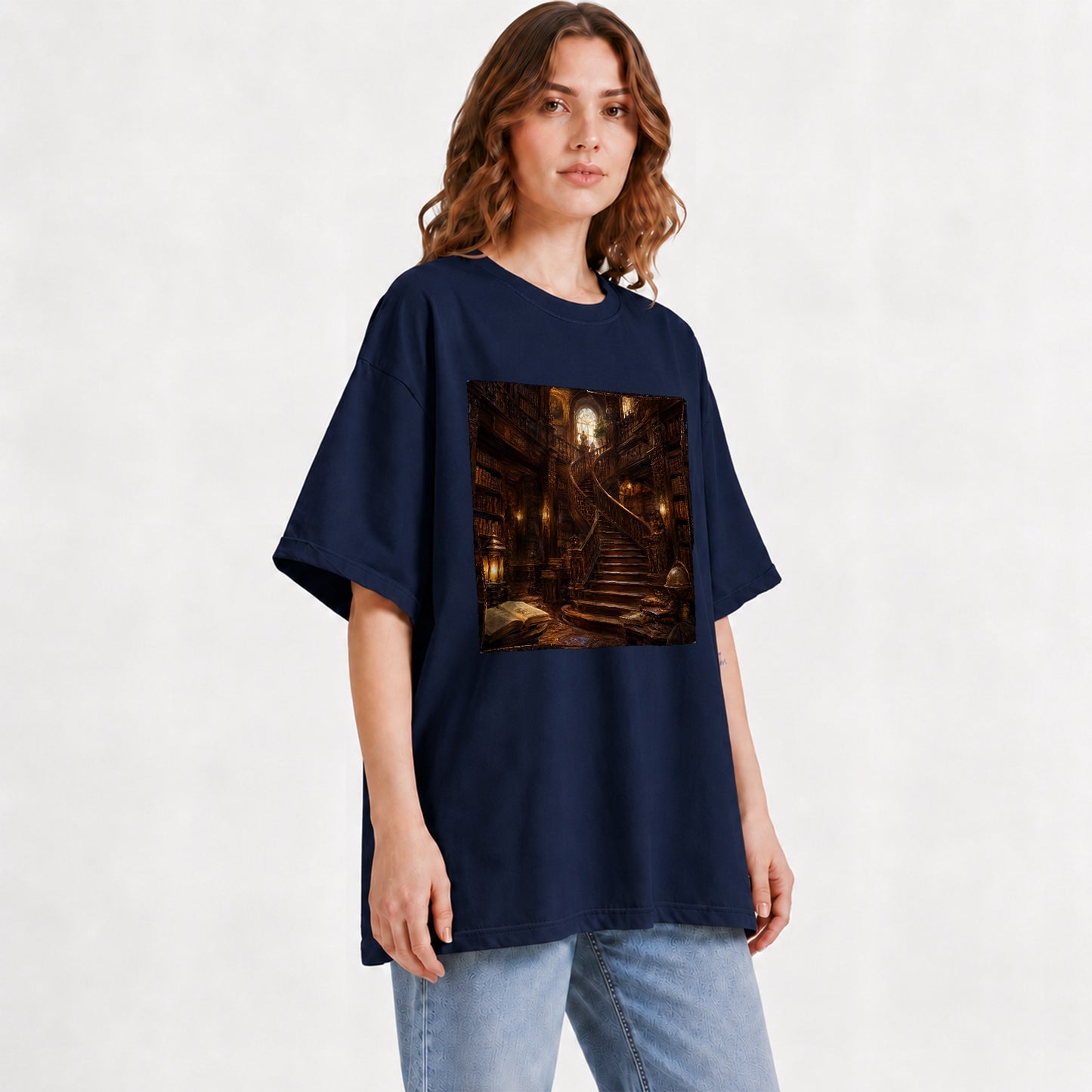 #pl[Navy] Grand Library Staircase Graphic T-Shirt, Dark Academia Library Art