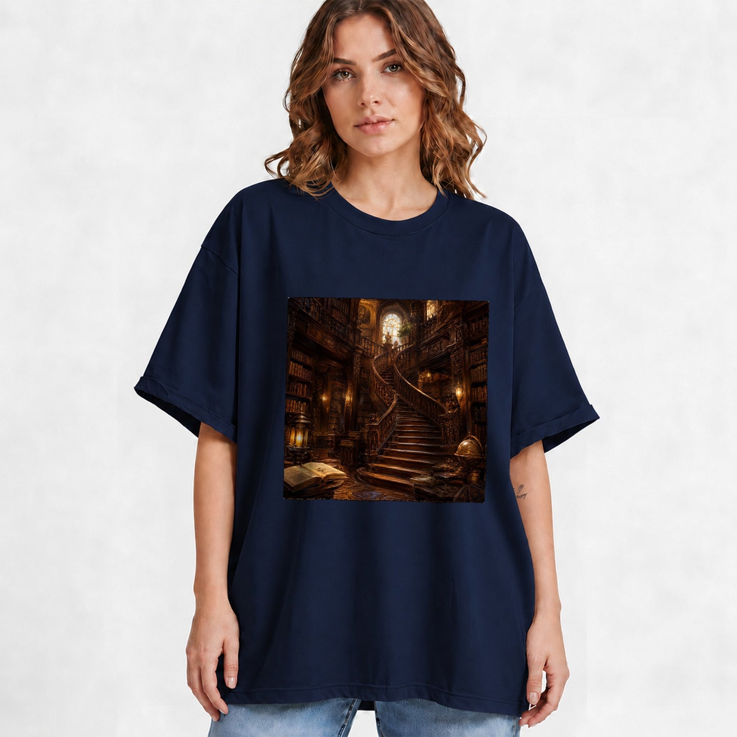 #pl[Navy] Grand Library Staircase Graphic T-Shirt, Dark Academia Library Art