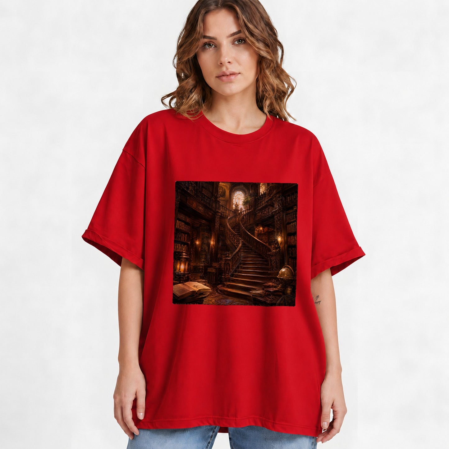 #pl[Red] Grand Library Staircase Graphic T-Shirt, Dark Academia Library Art