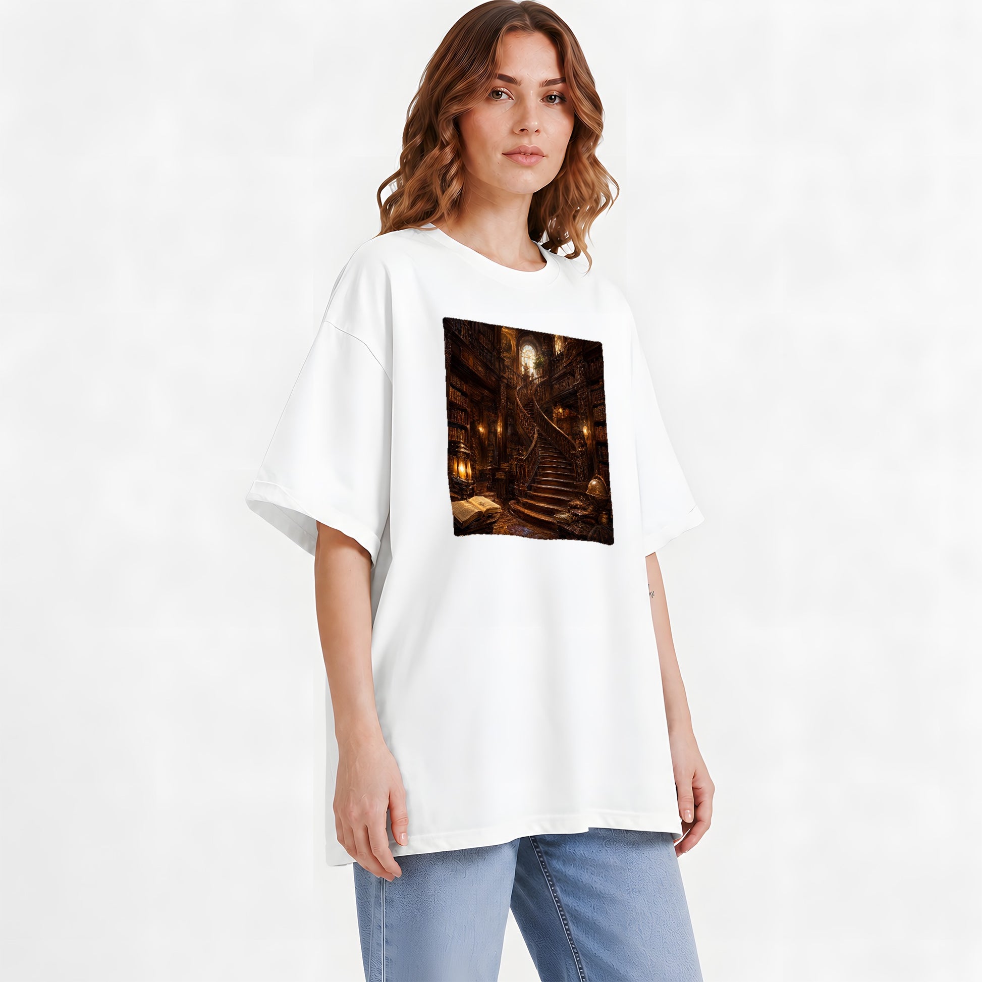 #pl[White] Grand Library Staircase Graphic T-Shirt, Dark Academia Library Art
