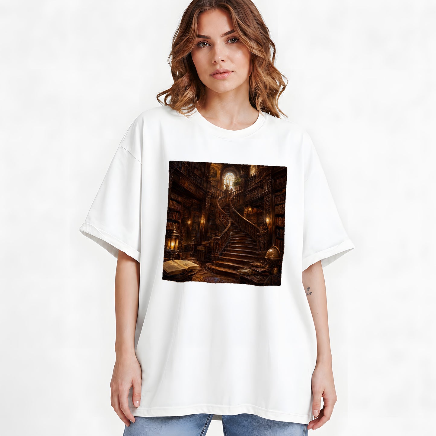 #pl[White] Grand Library Staircase Graphic T-Shirt, Dark Academia Library Art