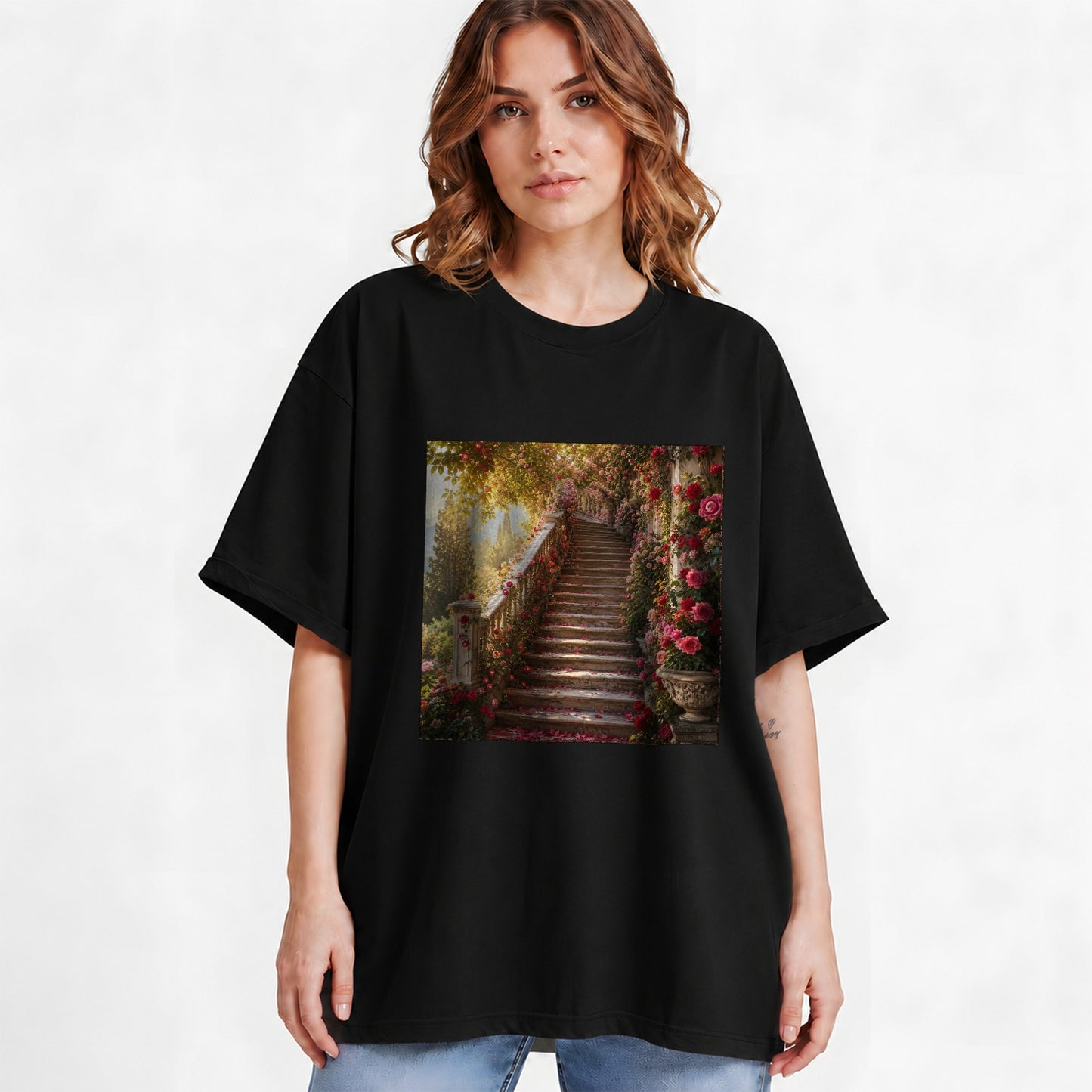 #pl[Black] Rose Garden Staircase Graphic T-Shirt, Romantic Garden Art