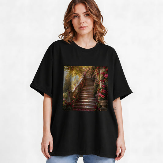 #pl[Black] Rose Garden Staircase Graphic T-Shirt, Romantic Garden Art