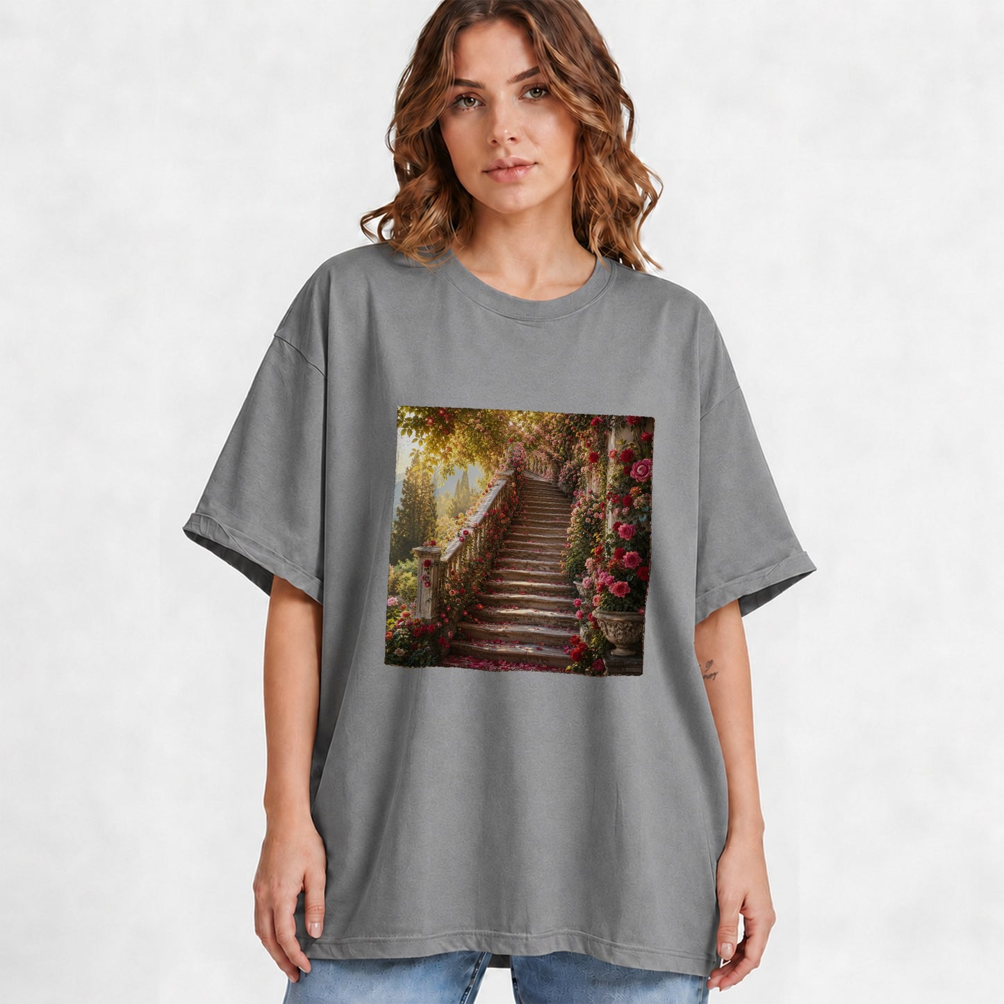 #pl[Gray] Rose Garden Staircase Graphic T-Shirt, Romantic Garden Art