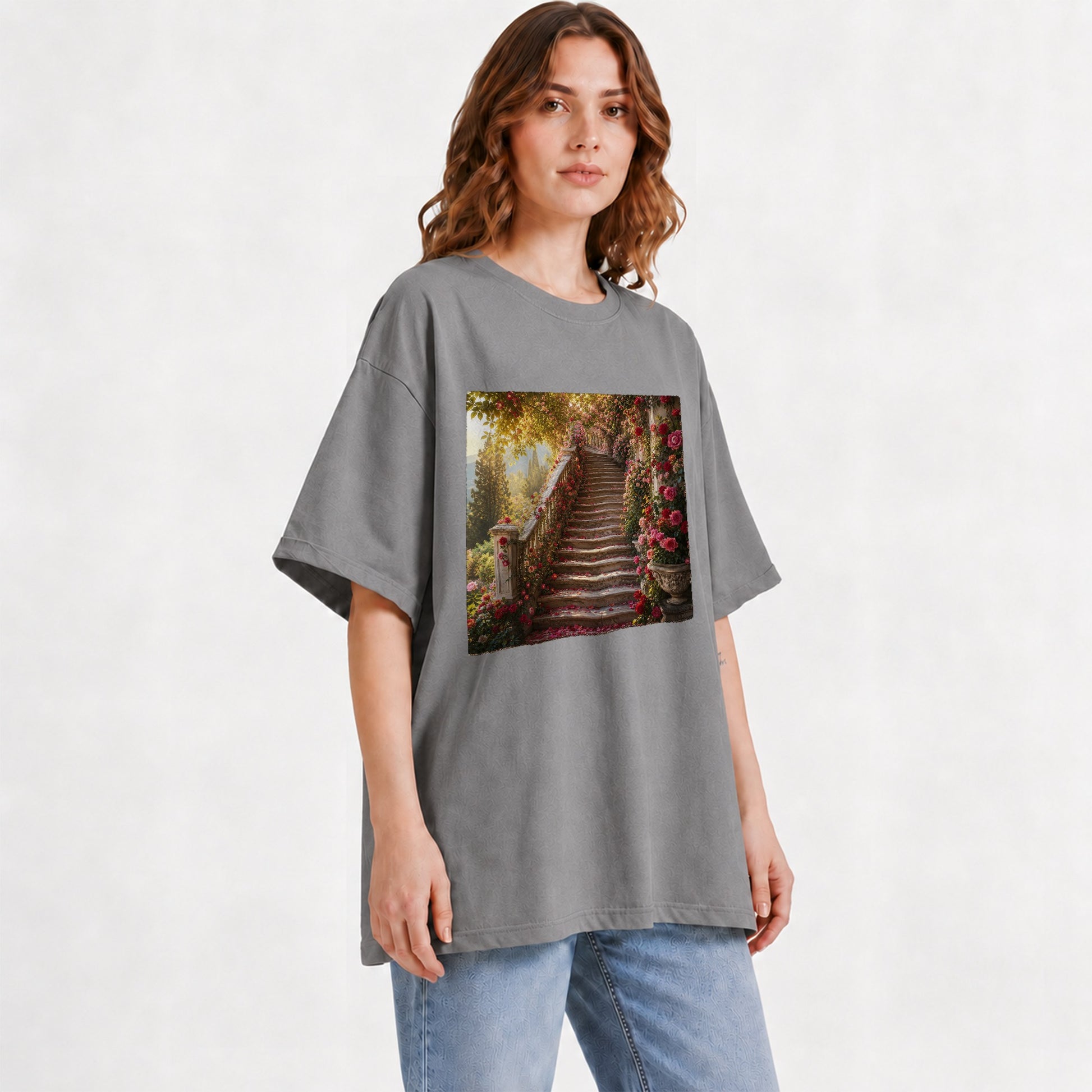 #pl[Gray] Rose Garden Staircase Graphic T-Shirt, Romantic Garden Art