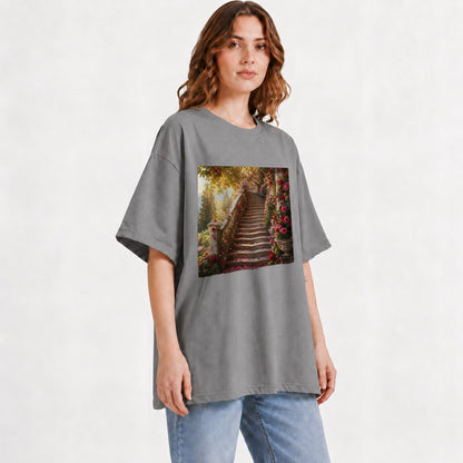 #pl[Gray] Rose Garden Staircase Graphic T-Shirt, Romantic Garden Art
