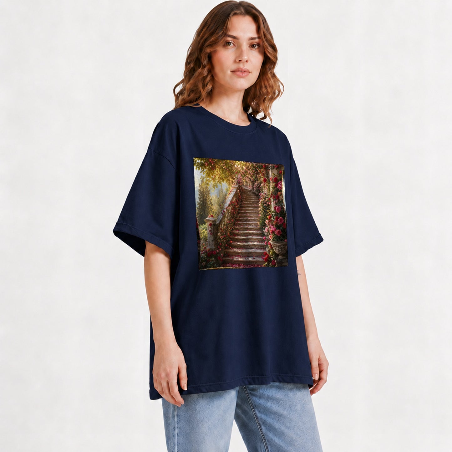 #pl[Navy] Rose Garden Staircase Graphic T-Shirt, Romantic Garden Art