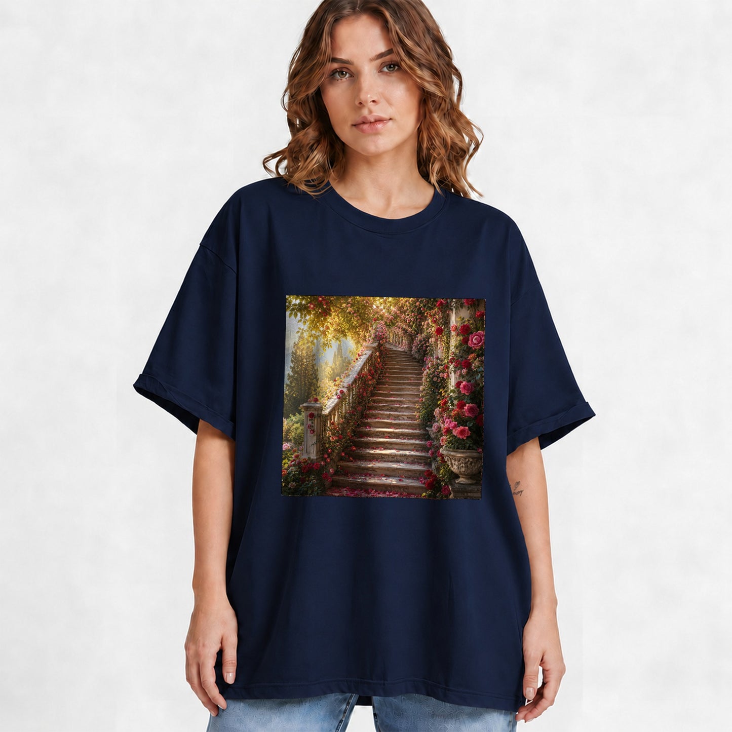 #pl[Navy] Rose Garden Staircase Graphic T-Shirt, Romantic Garden Art