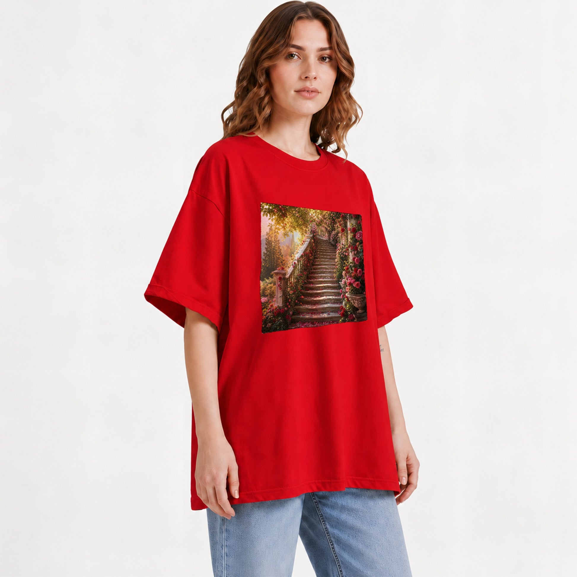 #pl[Red] Rose Garden Staircase Graphic T-Shirt, Romantic Garden Art