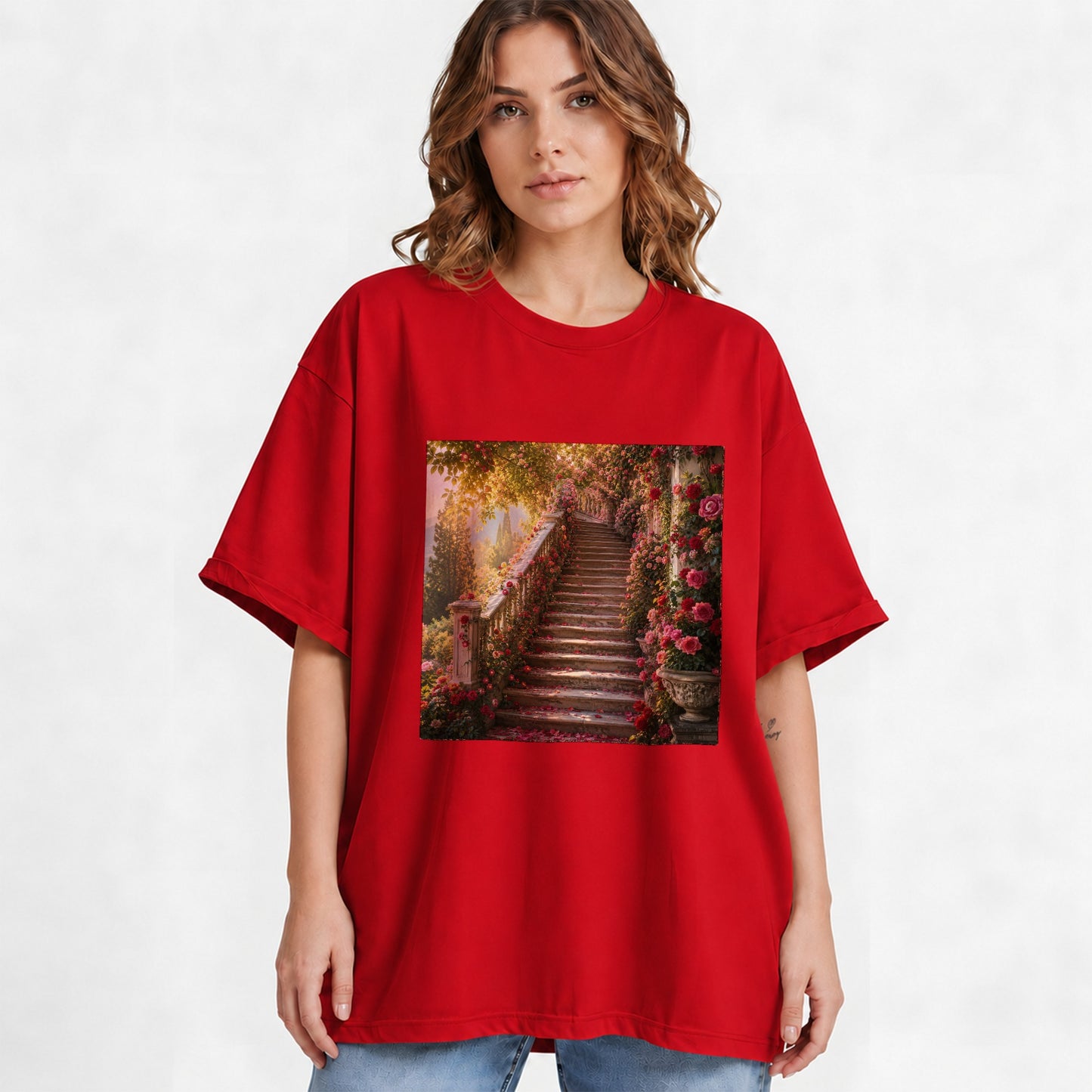 #pl[Red] Rose Garden Staircase Graphic T-Shirt, Romantic Garden Art
