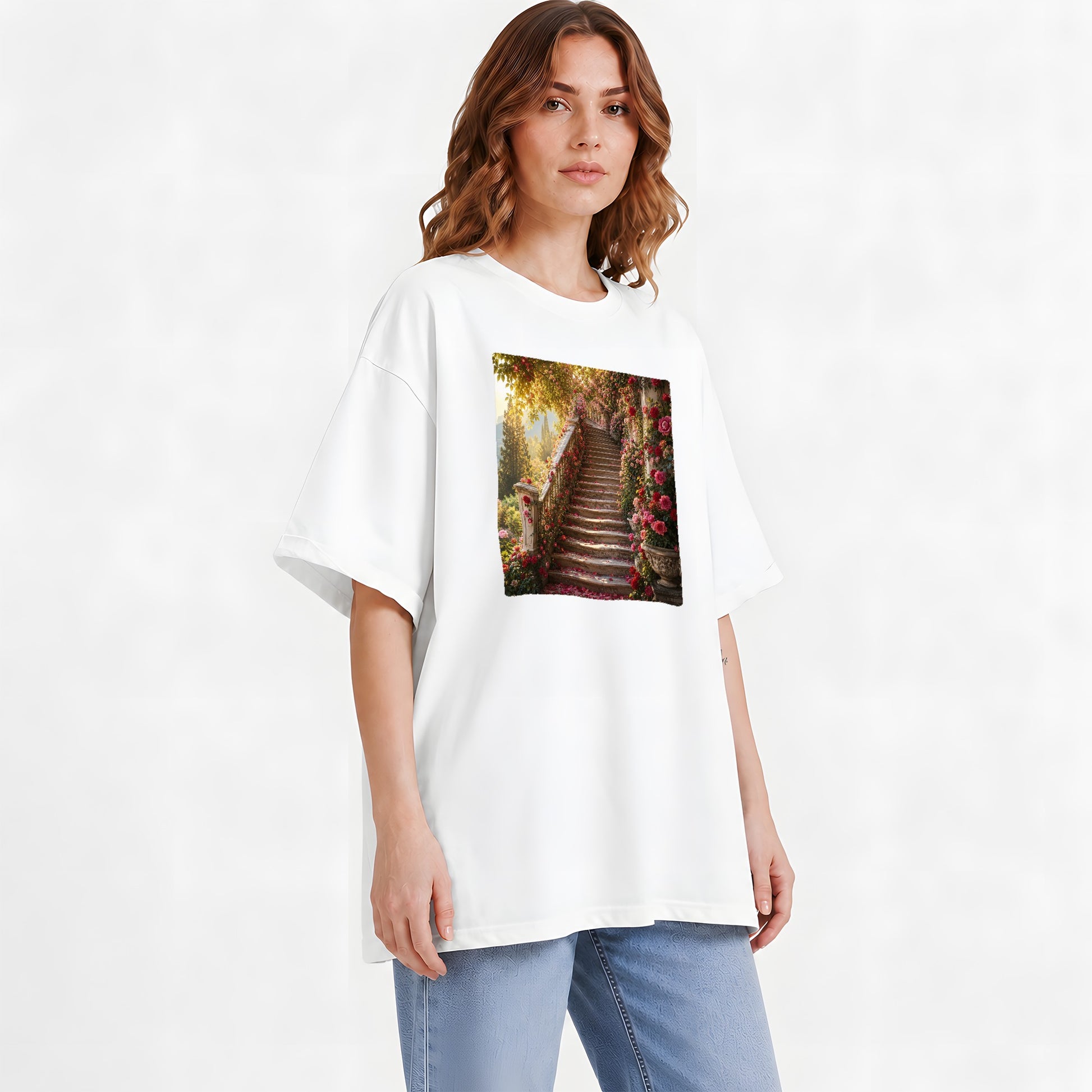 #pl[White] Rose Garden Staircase Graphic T-Shirt, Romantic Garden Art