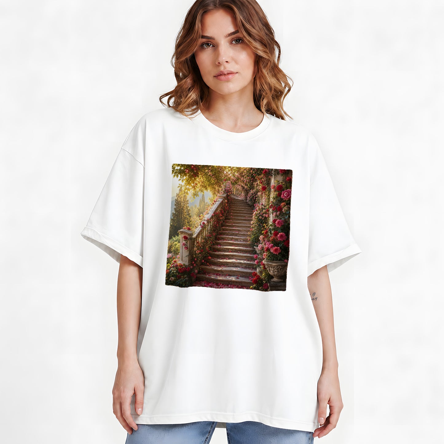 #pl[White] Rose Garden Staircase Graphic T-Shirt, Romantic Garden Art