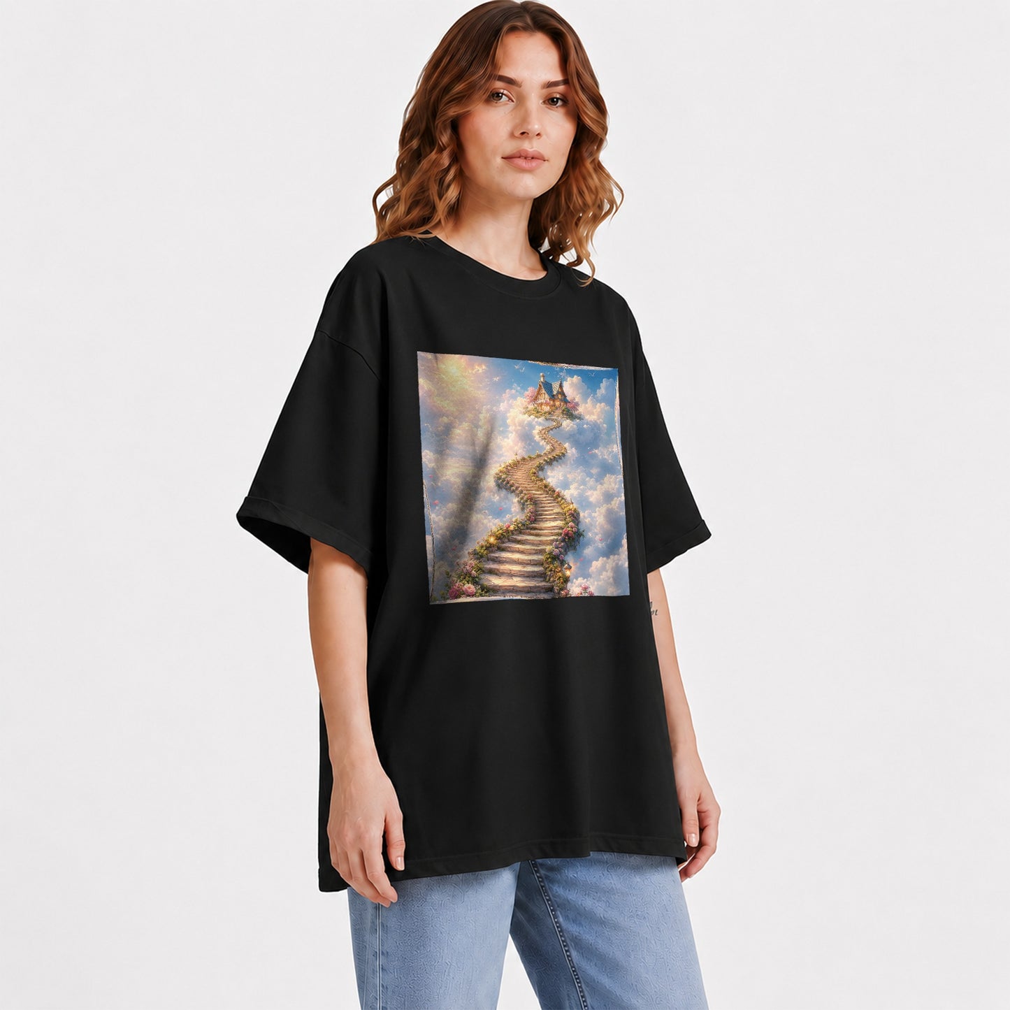 #pl[Black] Cloud Cottage Stairway Graphic T-Shirt, Whimsical Sky Cottage Art
