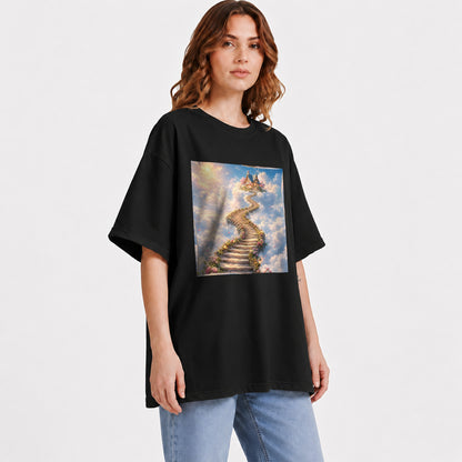 #pl[Black] Cloud Cottage Stairway Graphic T-Shirt, Whimsical Sky Cottage Art