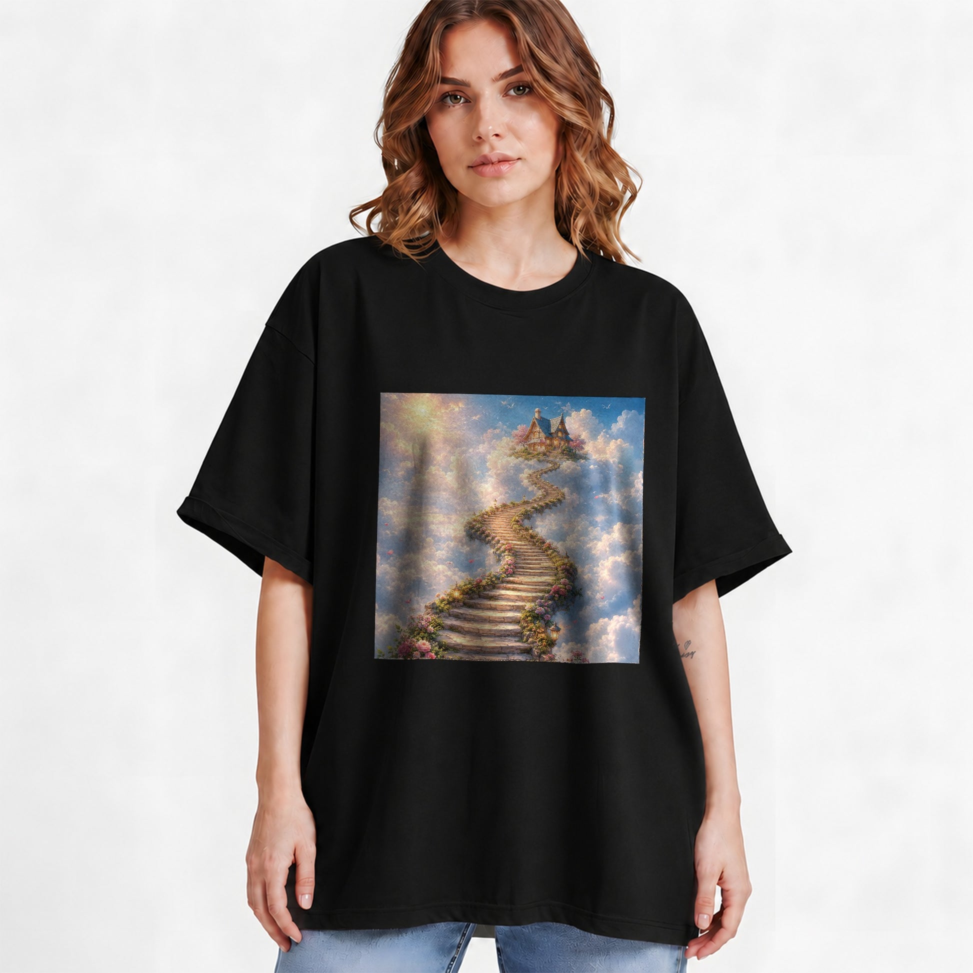 #pl[Black] Cloud Cottage Stairway Graphic T-Shirt, Whimsical Sky Cottage Art