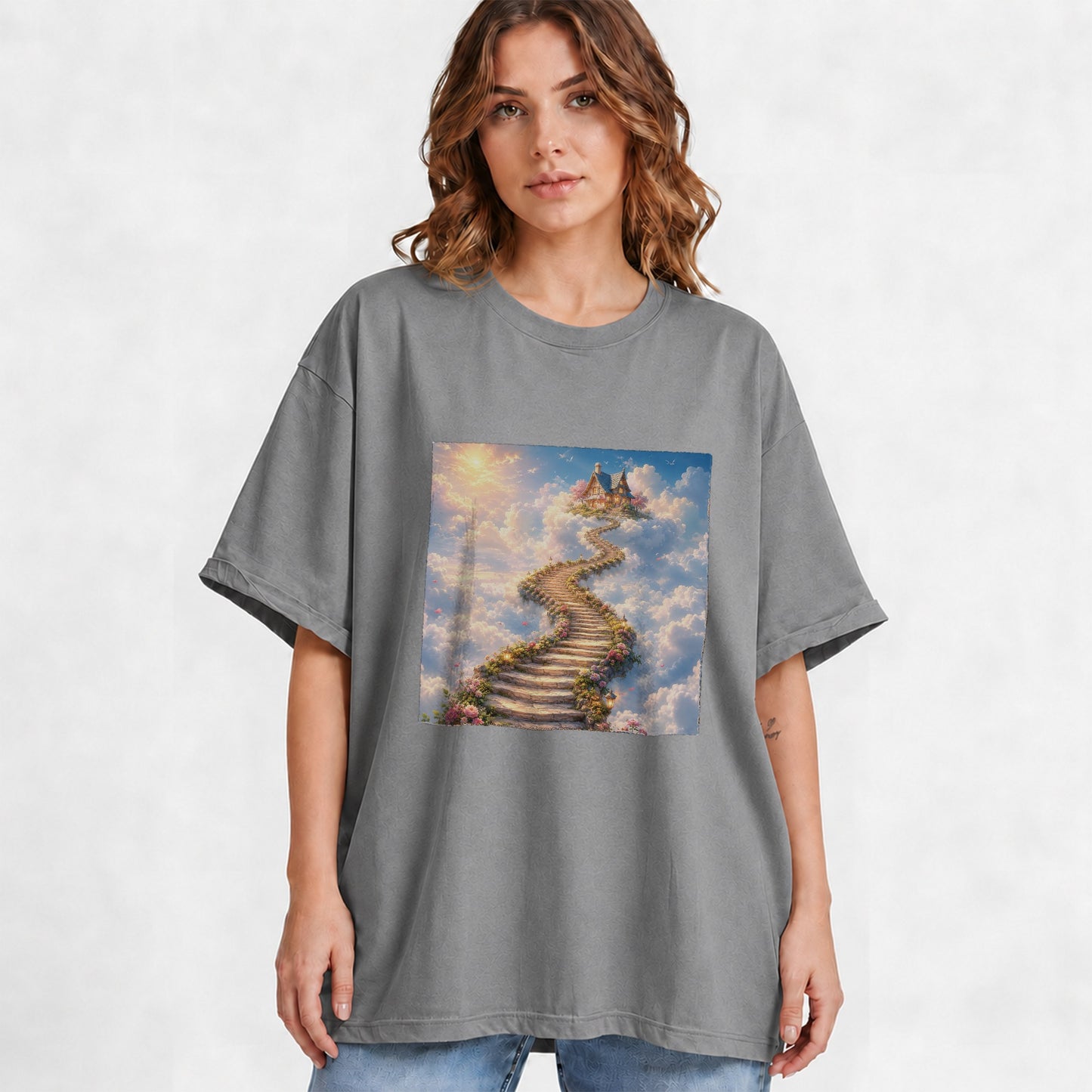 #pl[Gray] Cloud Cottage Stairway Graphic T-Shirt, Whimsical Sky Cottage Art