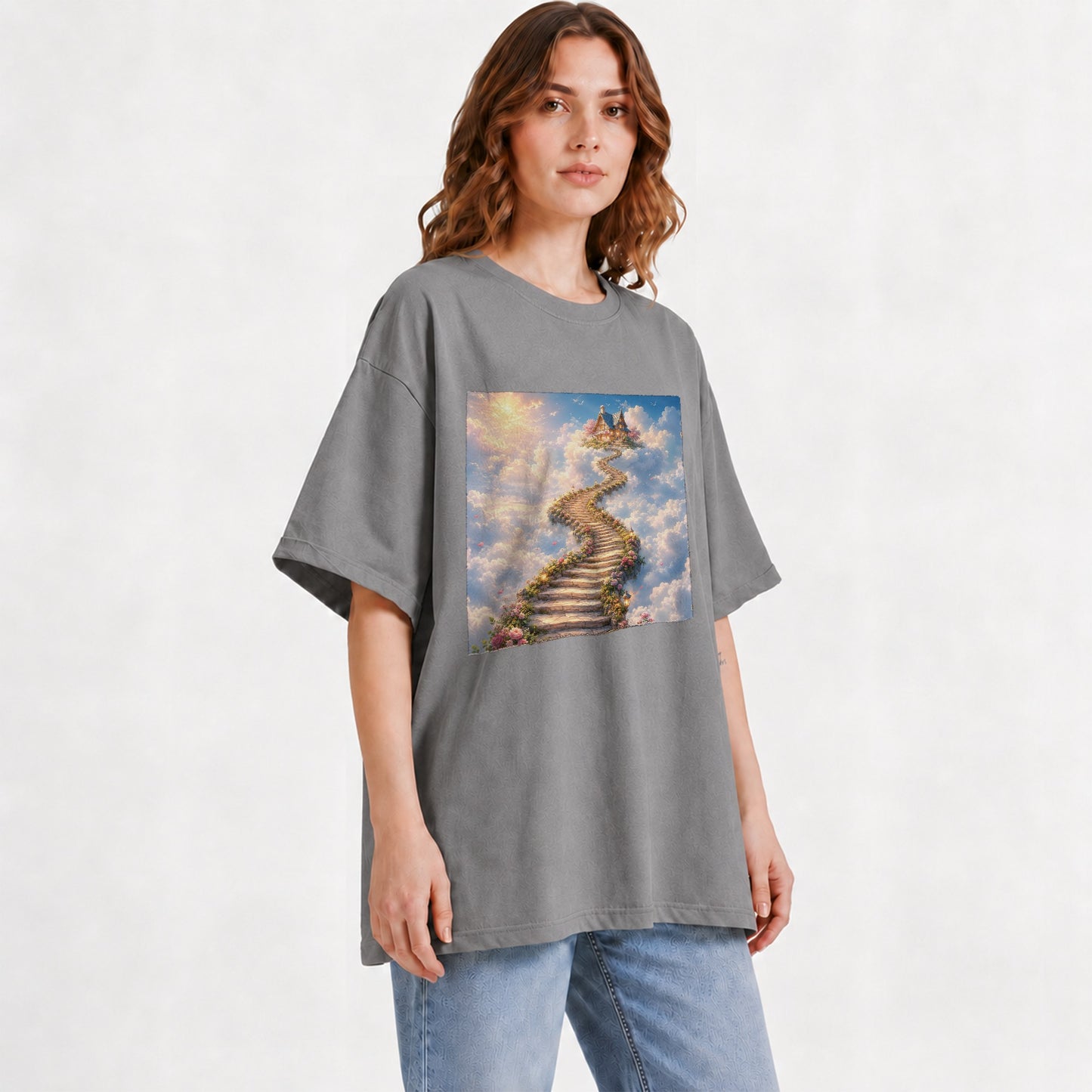 #pl[Gray] Cloud Cottage Stairway Graphic T-Shirt, Whimsical Sky Cottage Art