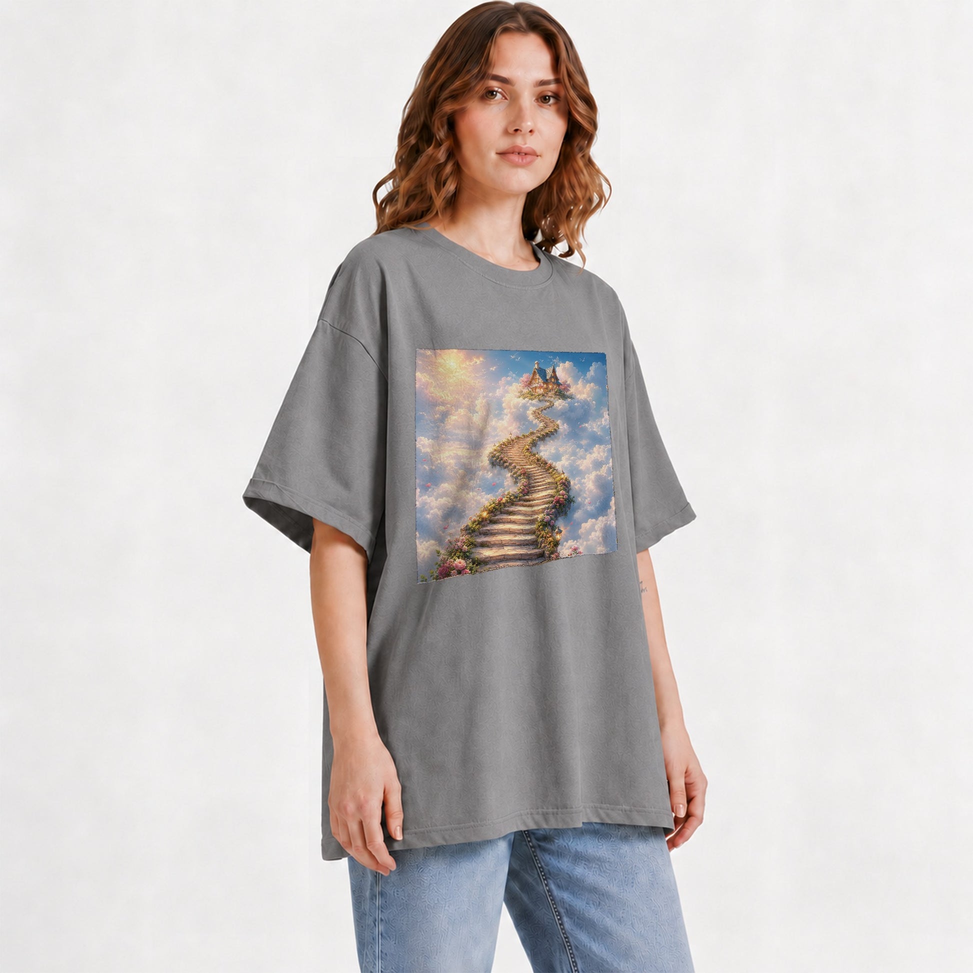 #pl[Gray] Cloud Cottage Stairway Graphic T-Shirt, Whimsical Sky Cottage Art