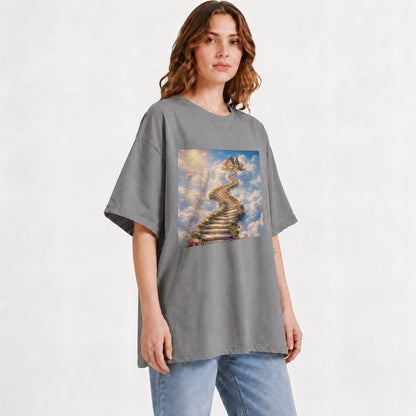 #pl[Gray] Cloud Cottage Stairway Graphic T-Shirt, Whimsical Sky Cottage Art