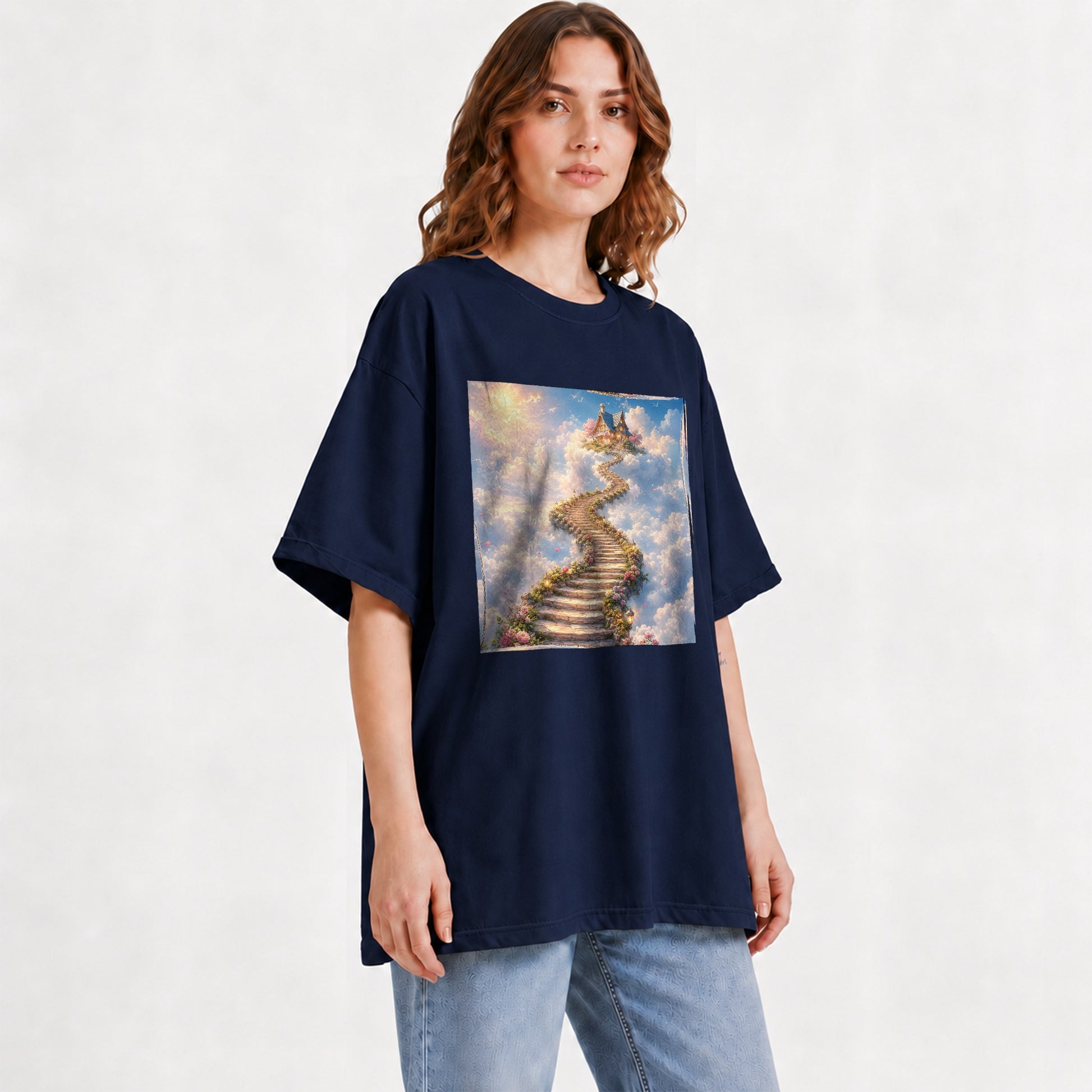 #pl[Navy] Cloud Cottage Stairway Graphic T-Shirt, Whimsical Sky Cottage Art