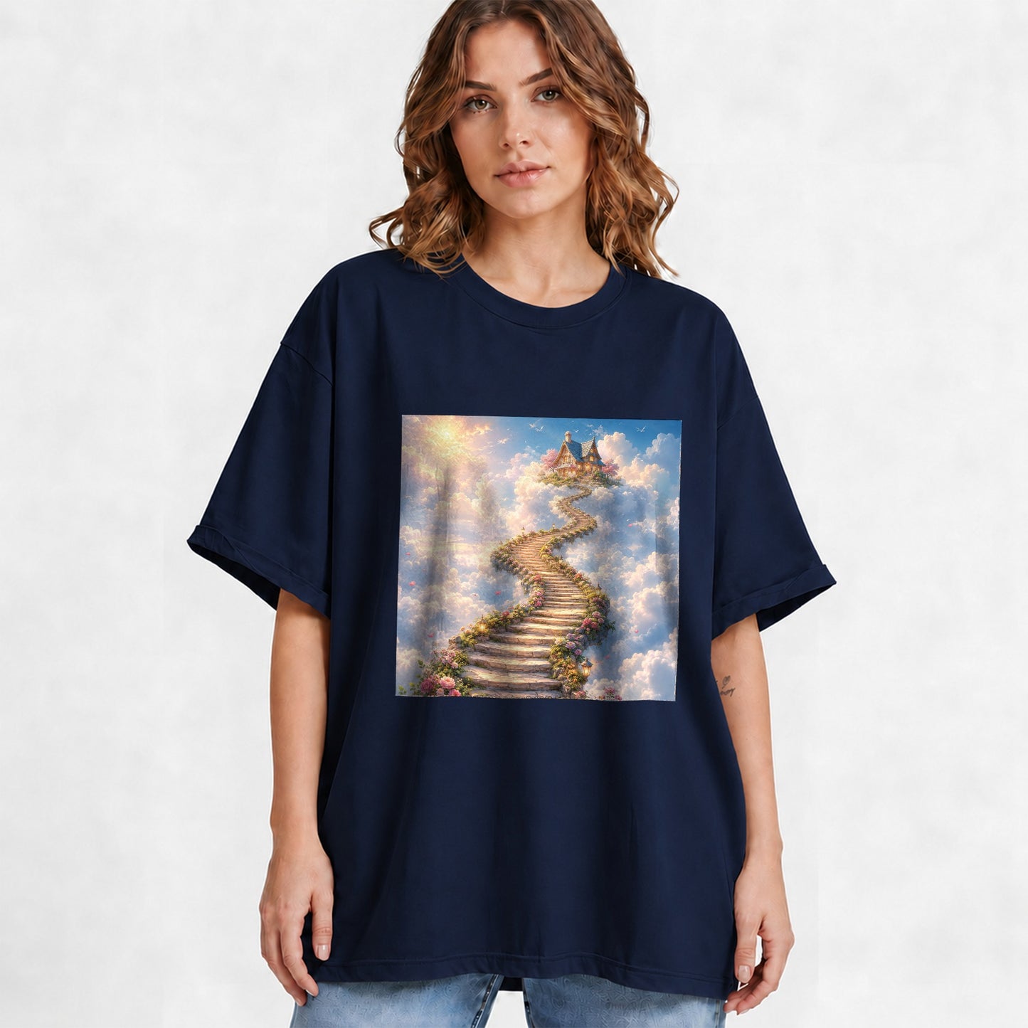 #pl[Navy] Cloud Cottage Stairway Graphic T-Shirt, Whimsical Sky Cottage Art
