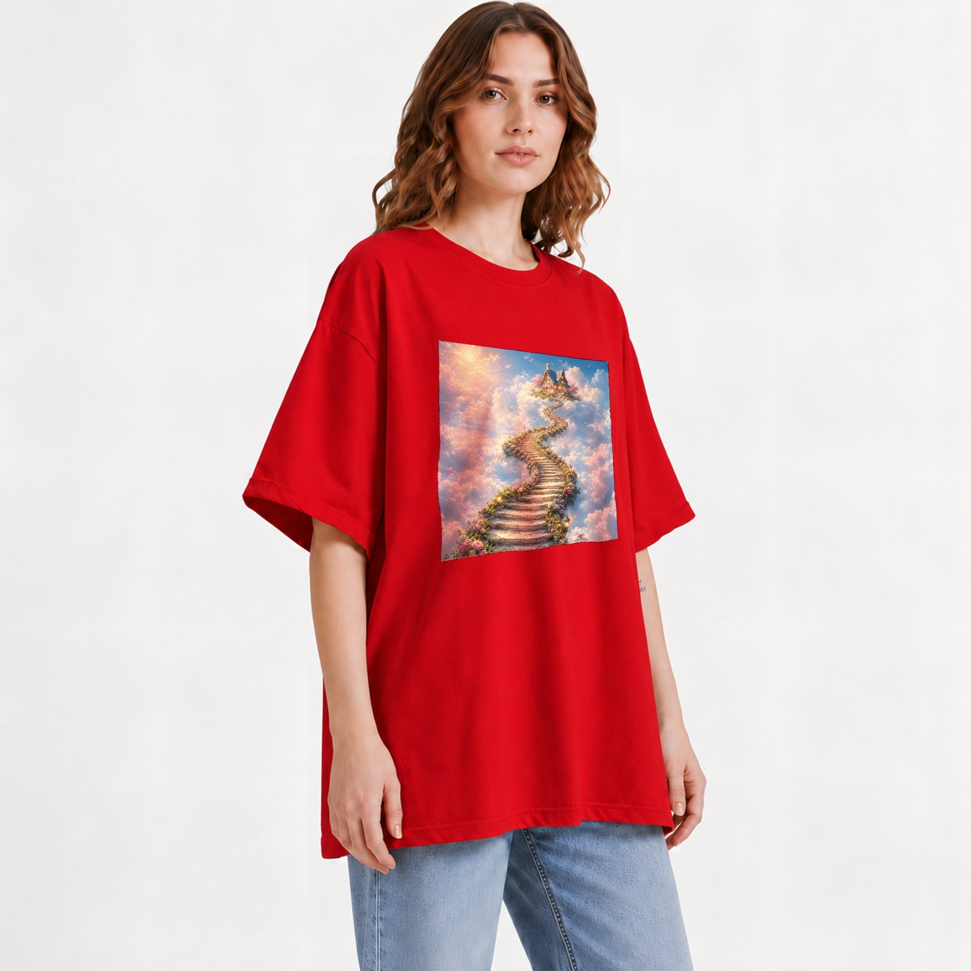 #pl[Red] Cloud Cottage Stairway Graphic T-Shirt, Whimsical Sky Cottage Art