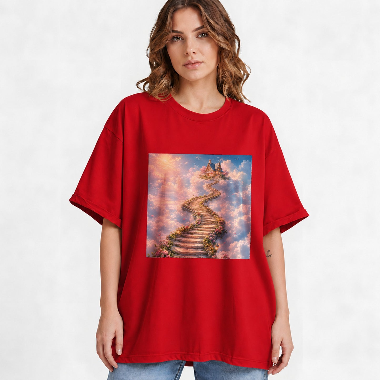 #pl[Red] Cloud Cottage Stairway Graphic T-Shirt, Whimsical Sky Cottage Art