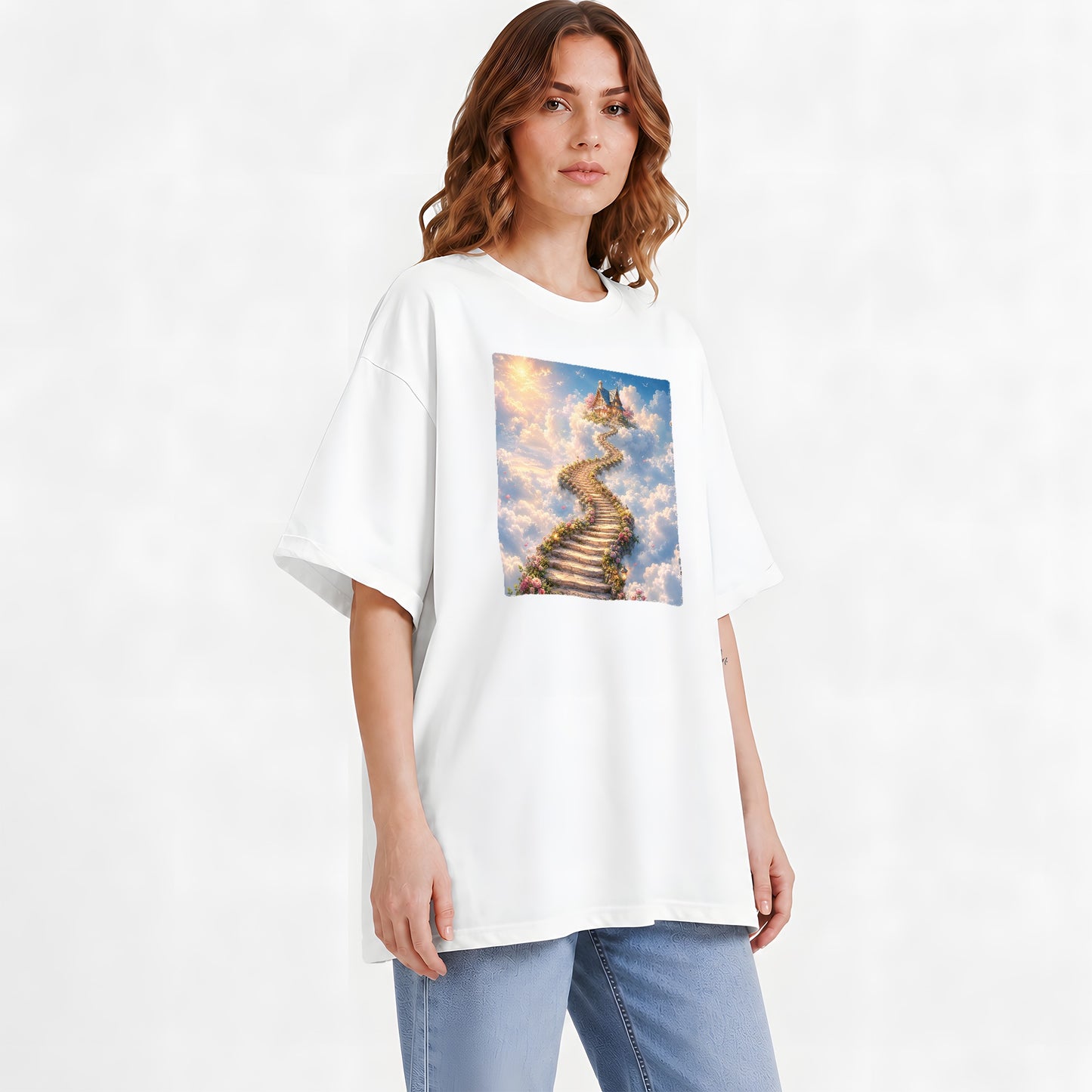 #pl[White] Cloud Cottage Stairway Graphic T-Shirt, Whimsical Sky Cottage Art