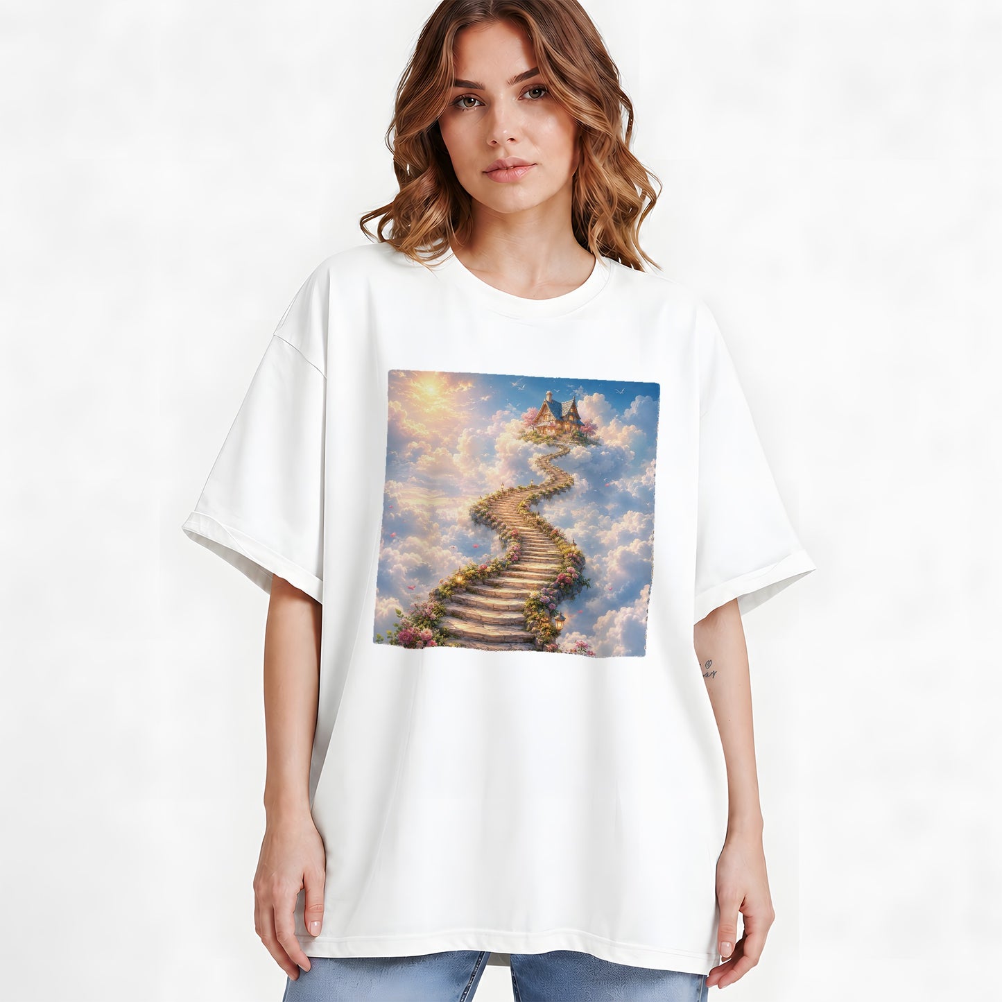 #pl[White] Cloud Cottage Stairway Graphic T-Shirt, Whimsical Sky Cottage Art