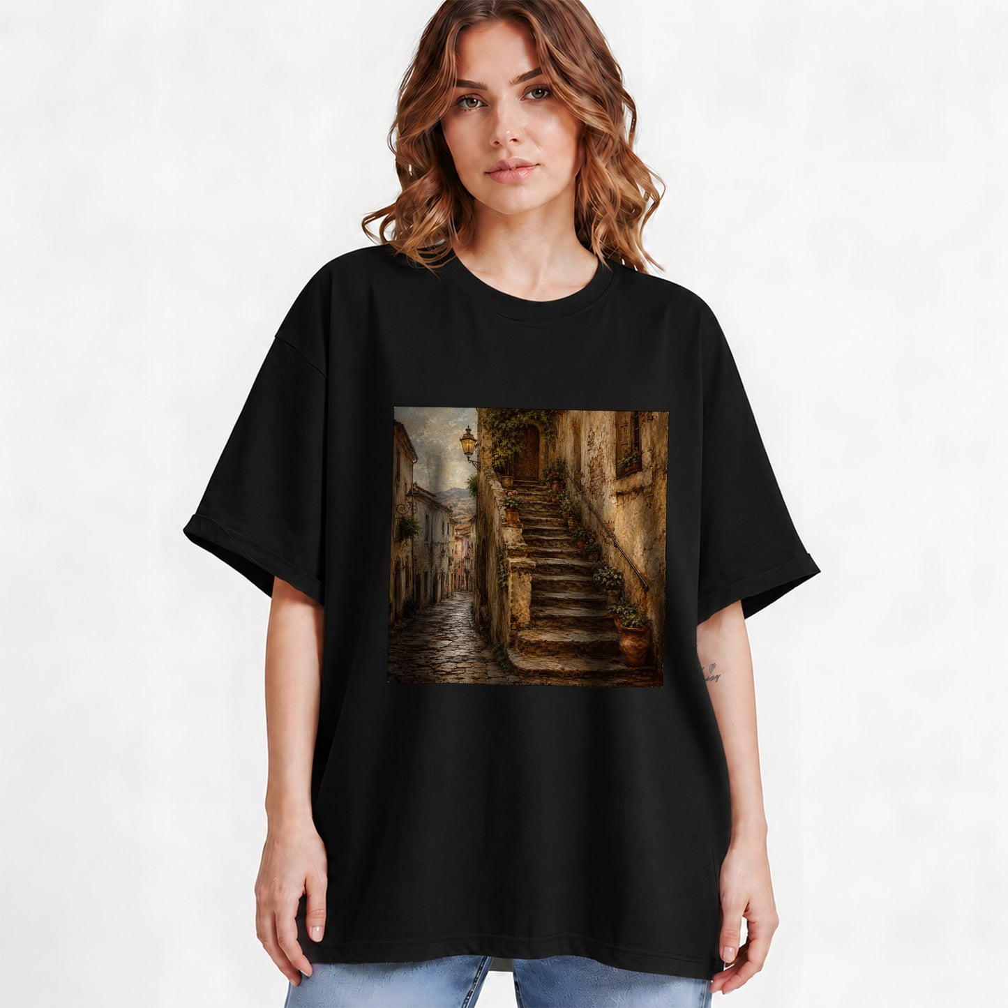 #pl[Black] Old Village Staircase Graphic T-Shirt, Rustic European Street Art