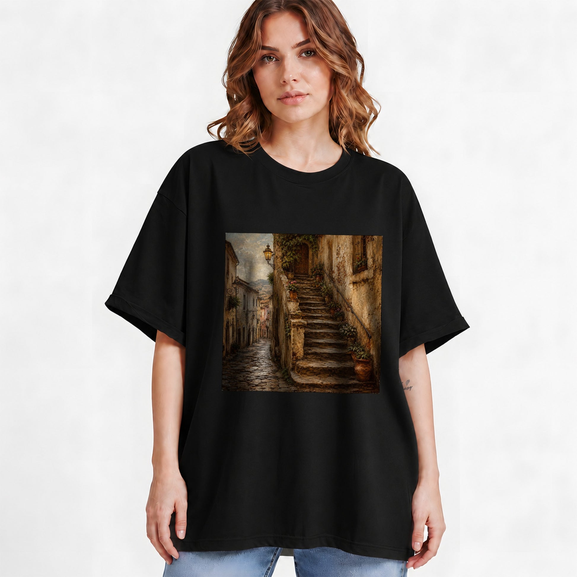 #pl[Black] Old Village Staircase Graphic T-Shirt, Rustic European Street Art
