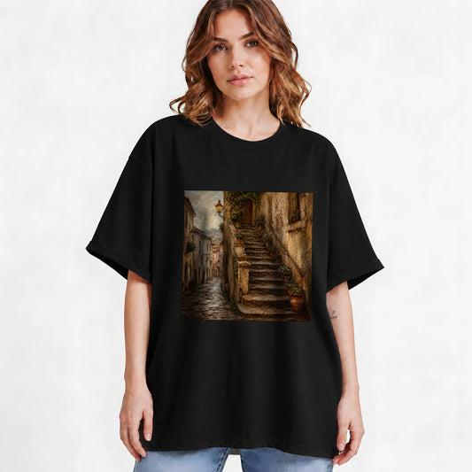 #pl[Black] Old Village Staircase Graphic T-Shirt, Rustic European Street Art