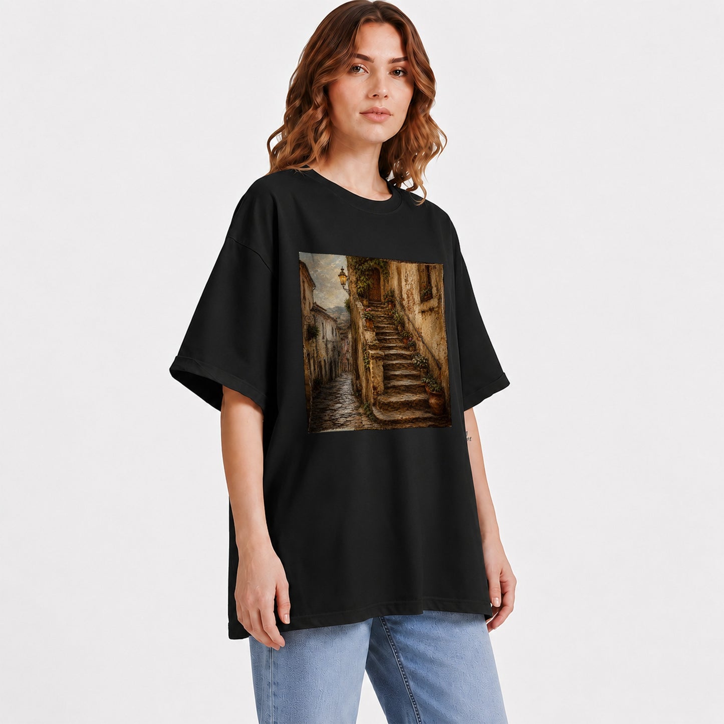 #pl[Black] Old Village Staircase Graphic T-Shirt, Rustic European Street Art